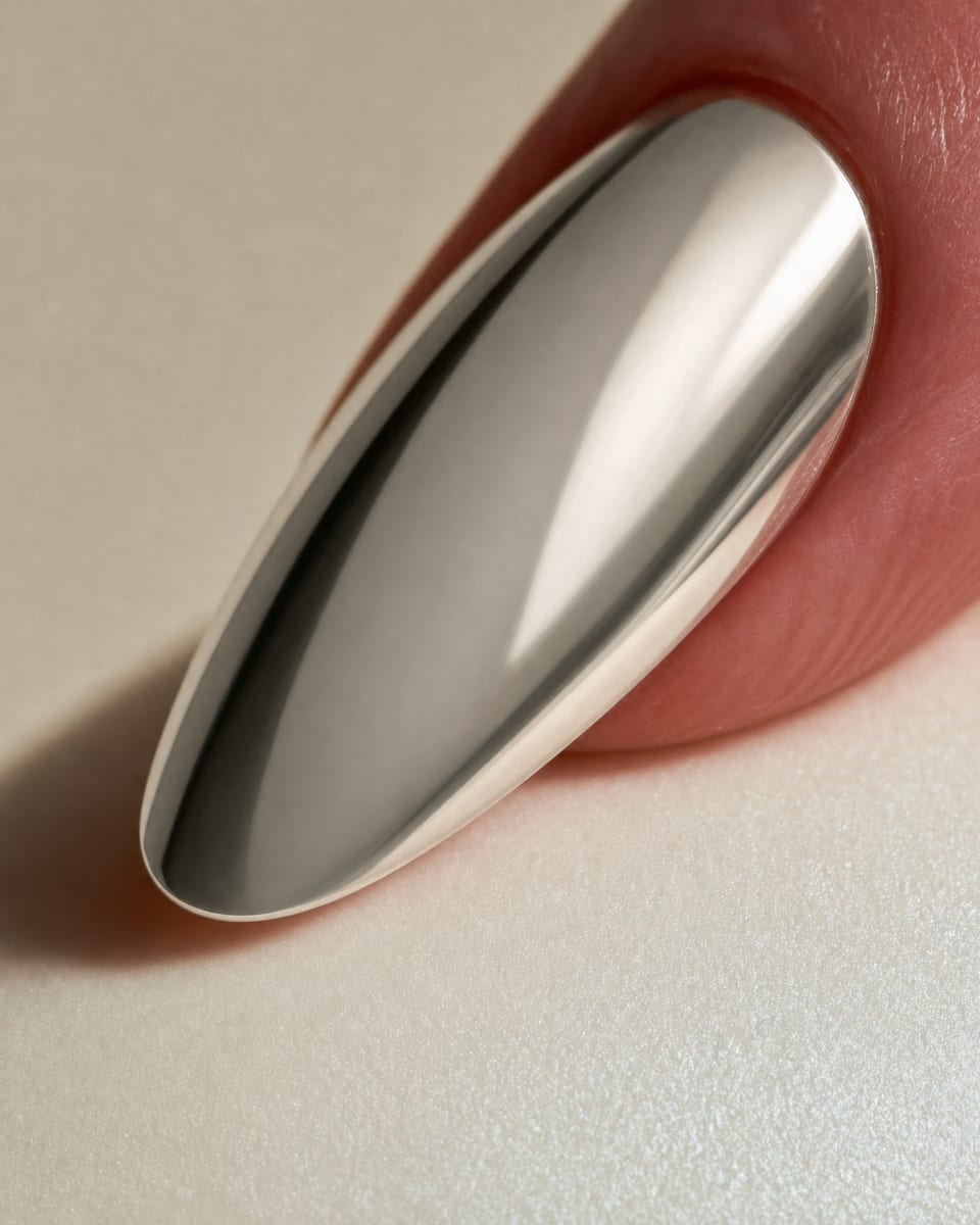 Soft silver chrome on medium almond nails