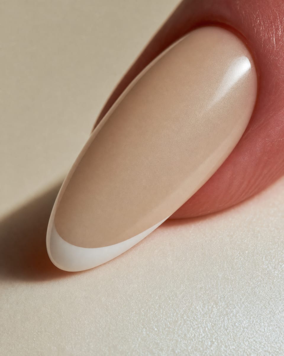 Hairline white French tip on sheer nude, long almond