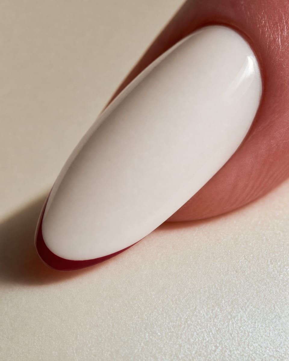 Oxblood micro French tip on a milky base