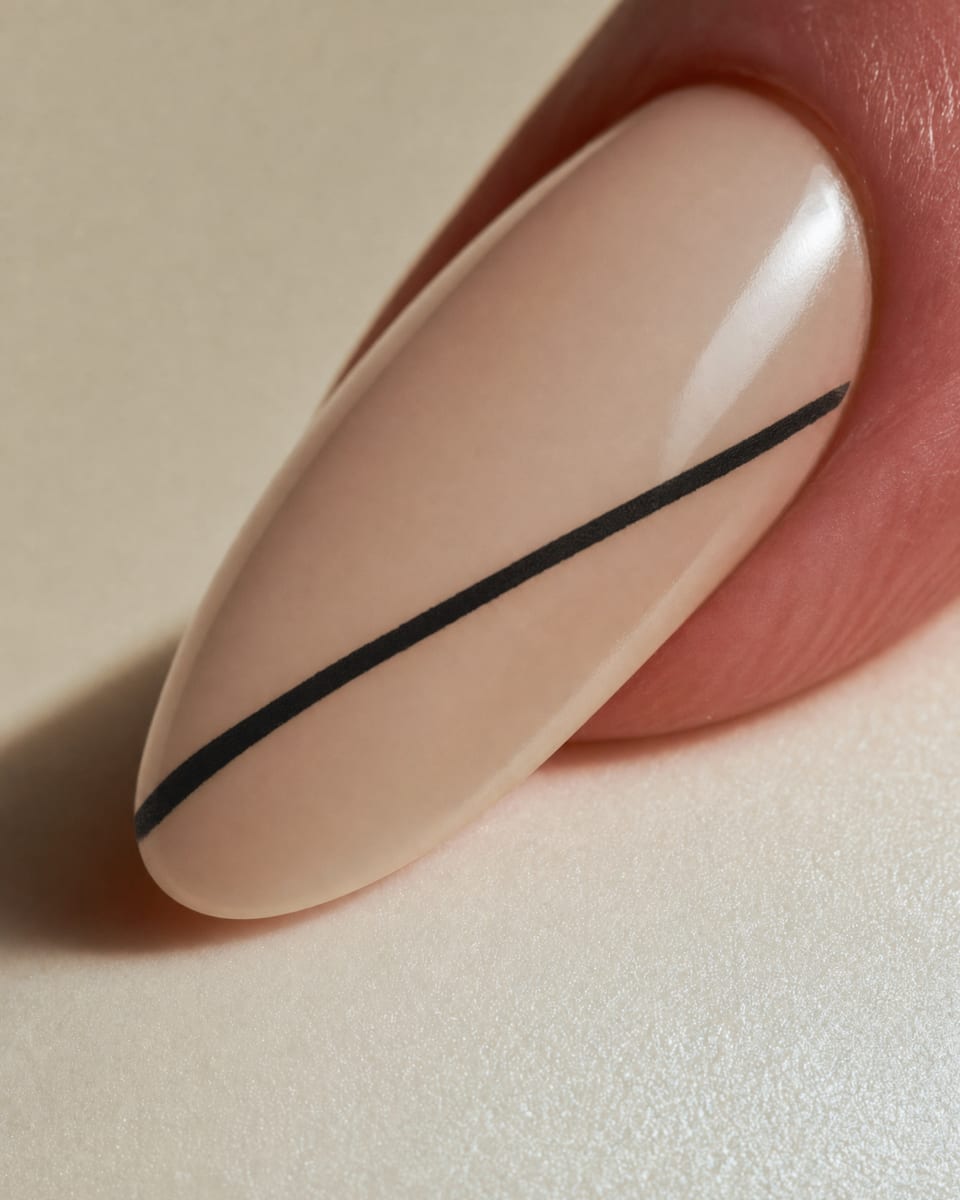 Single thin black diagonal line on each sheer nude nail