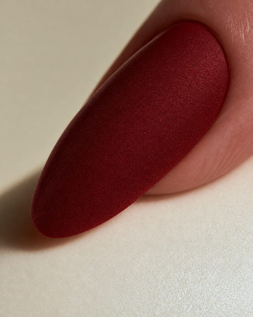Oxblood in a matte velvet finish on short square nails