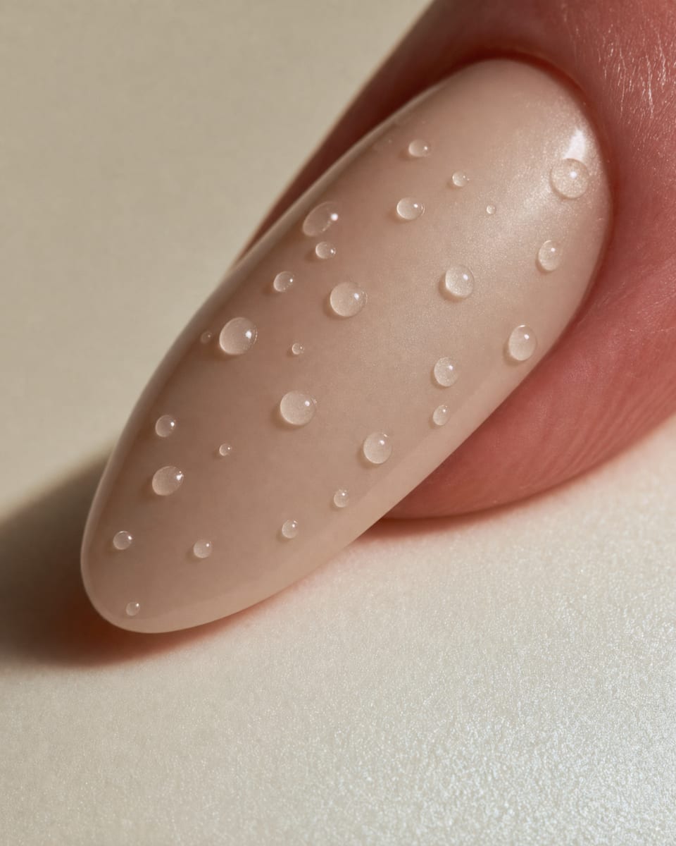 Sculpted clear gel droplets on a sheer nude base