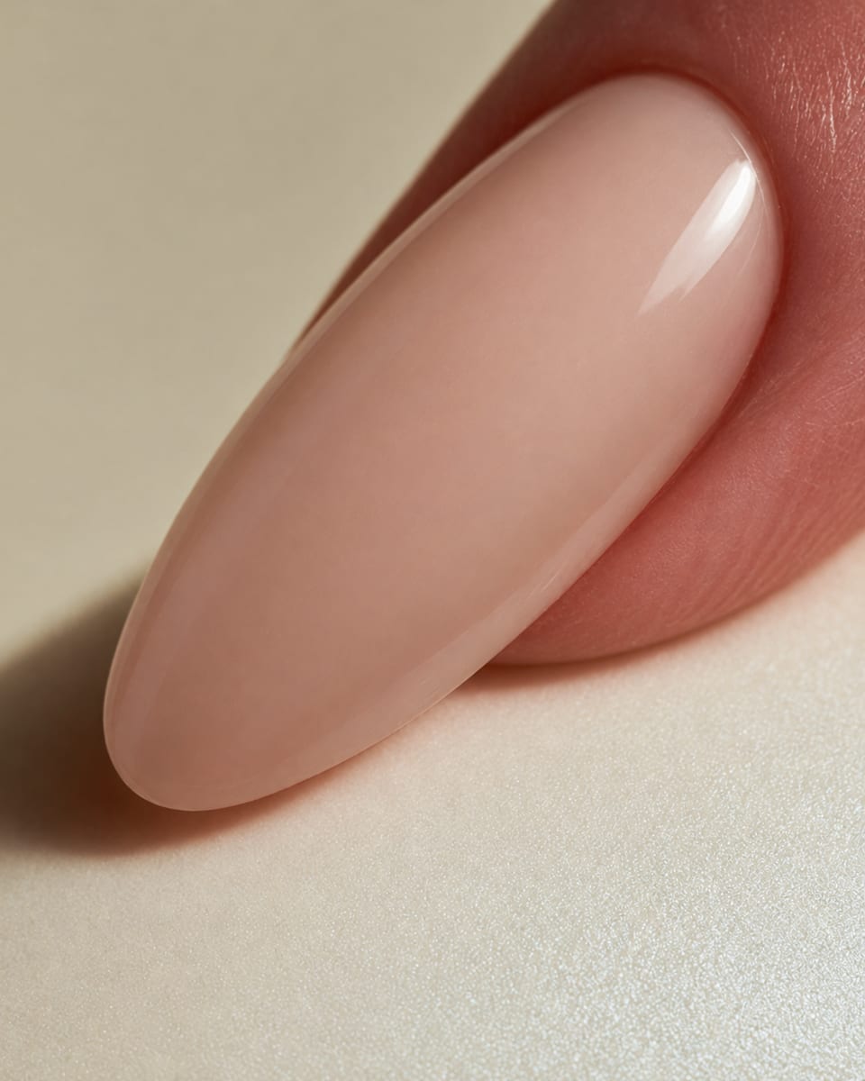 Sheer milky nude on short round nails with clean cuticle work