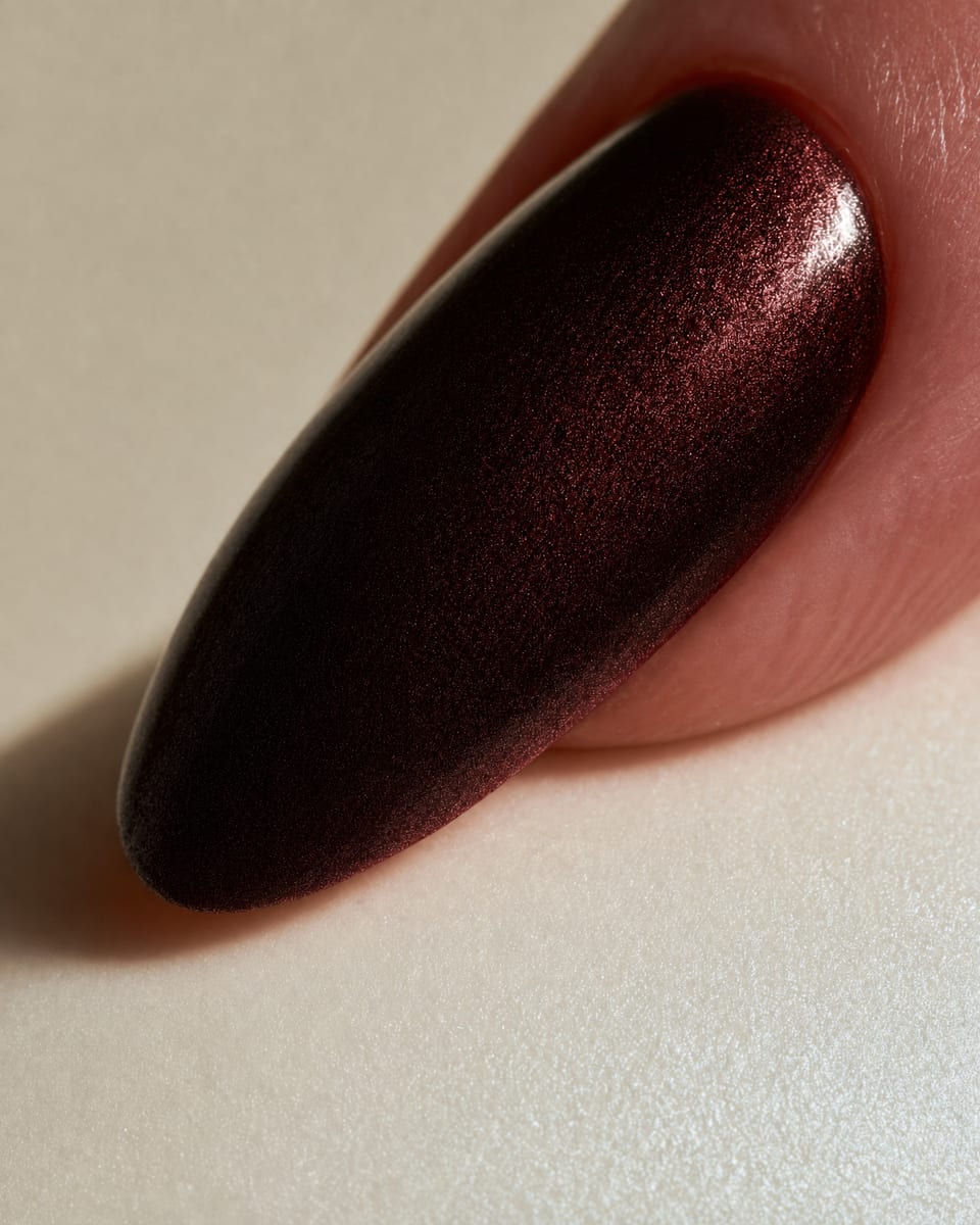Oxblood base under a soft chrome powder haze