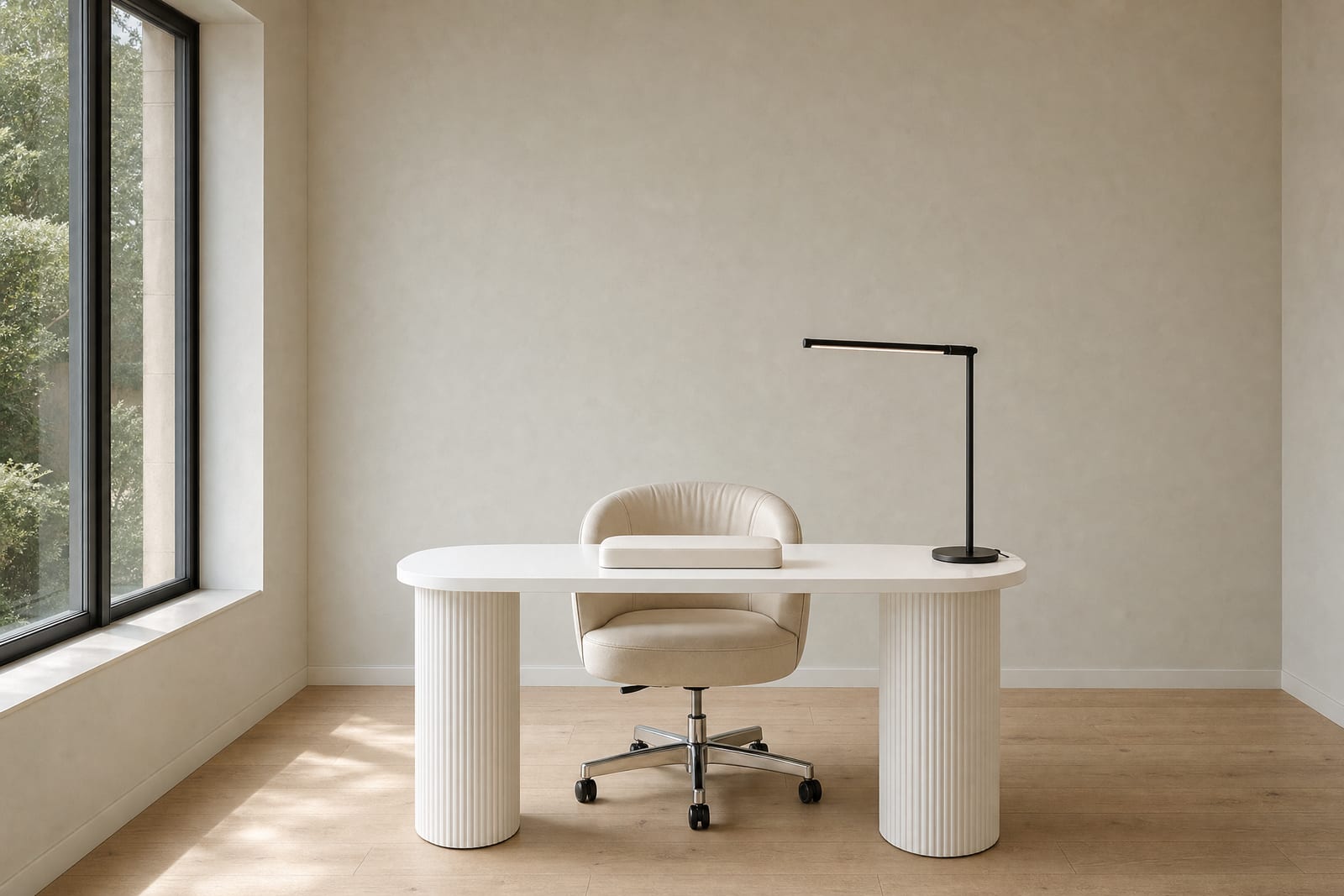 The studio: one chair, one table, daylight from the left